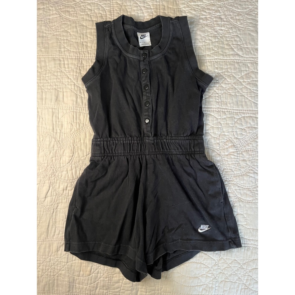 Nike Kids Girls Black Sleeveless Knit Romper Button Front Medium M 10-12